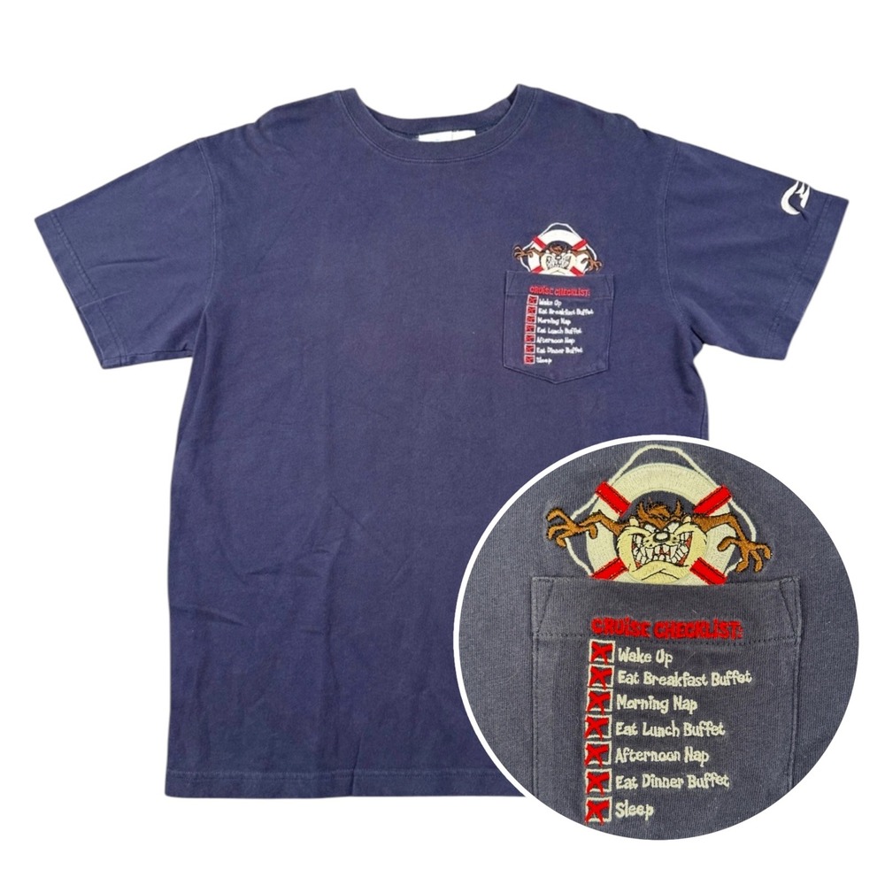 Vintage Looney Tunes Taz Princess Cruises Pocket T-Shirt Mens M Navy Embroidered